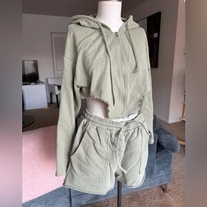 Distressed zip up/ shorts matching set